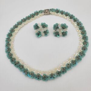 Vintage 1950s Aqua Sequin Necklace & Earrings Set
